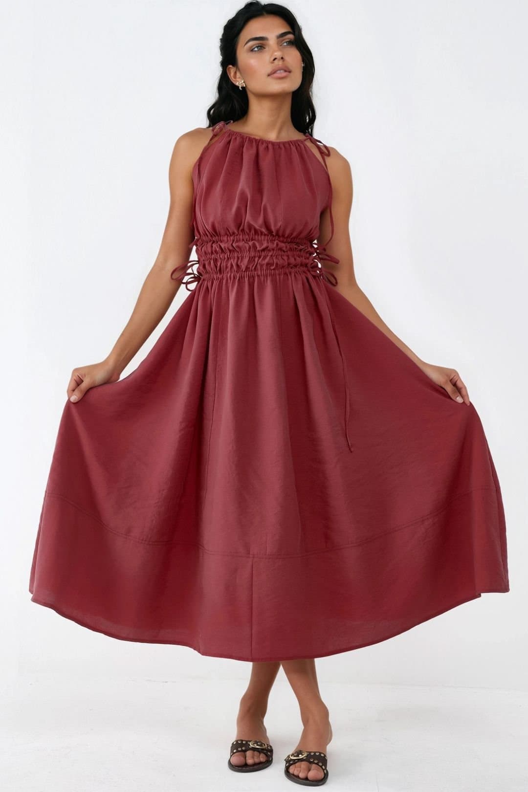 Busem Busem Women's Ruched Strap Midi Dress in Dark Red