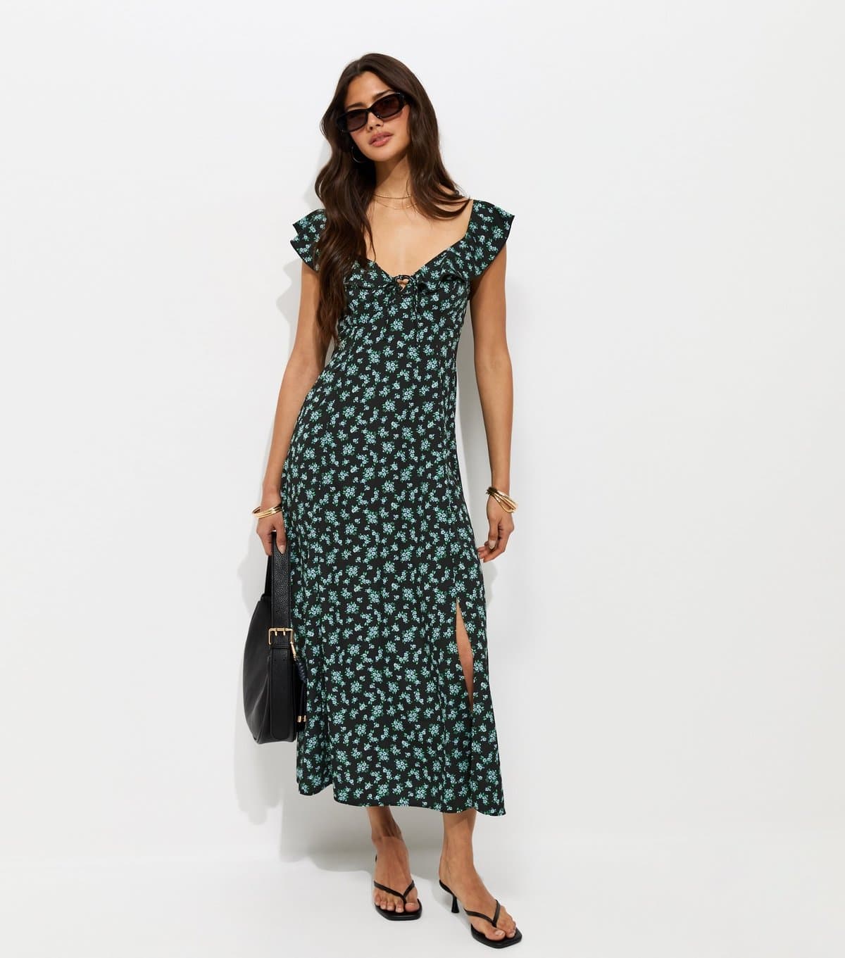 New Look Women's Black Ditsy Floral Ruffled Neck Midi Dress New Look