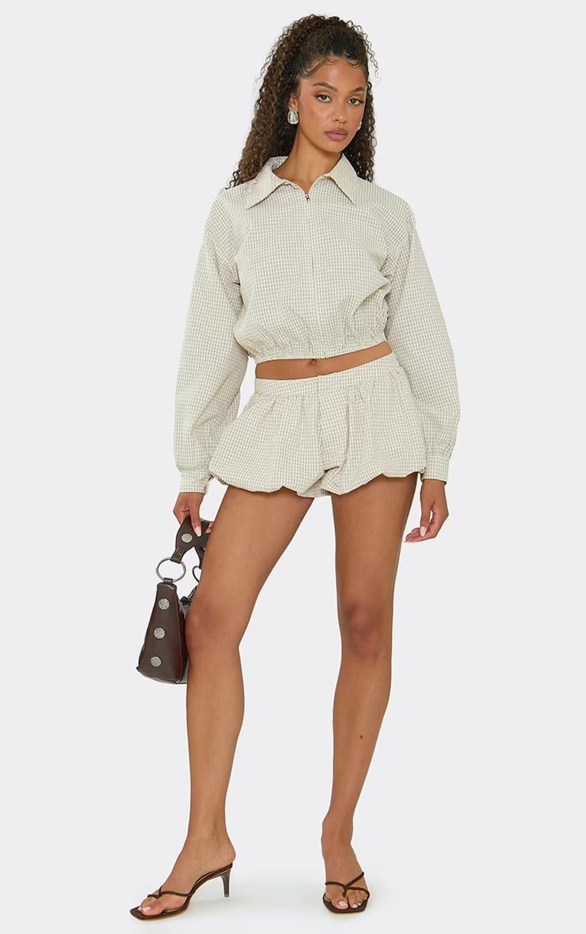 EGO Mid Rise Mini Puffball Shorts In Stone Check Print, Women's Size UK 6