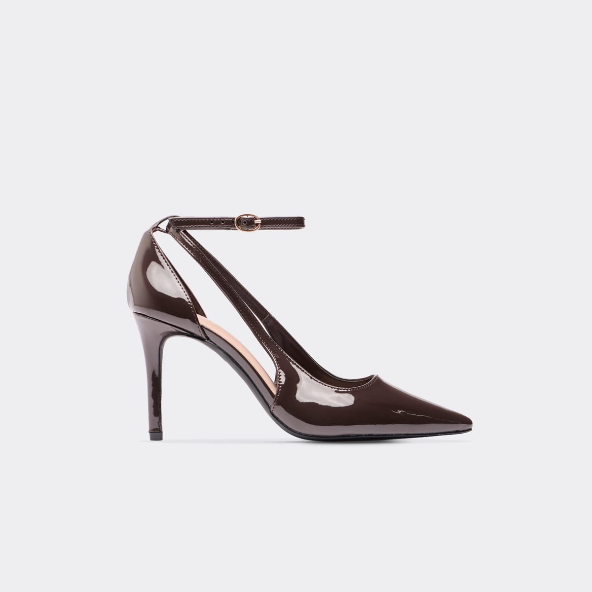EGO Lydia Cut Out Ankle Strap Pointed Toe Court Heel In Brown Patent, Women's Size UK 3 - 1