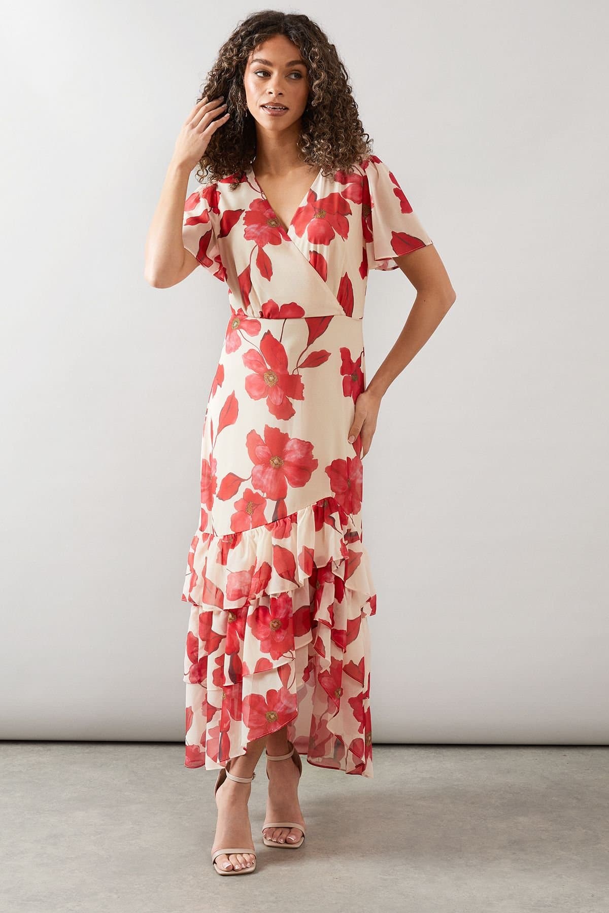 Wallis Wallis Women's Floral Frill Hem Chiffon Maxi Dress in Red