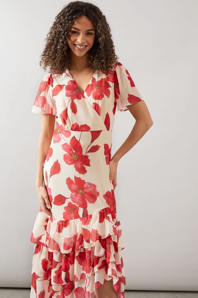 Wallis Wallis Women's Floral Frill Hem Chiffon Maxi Dress in Red - 2
