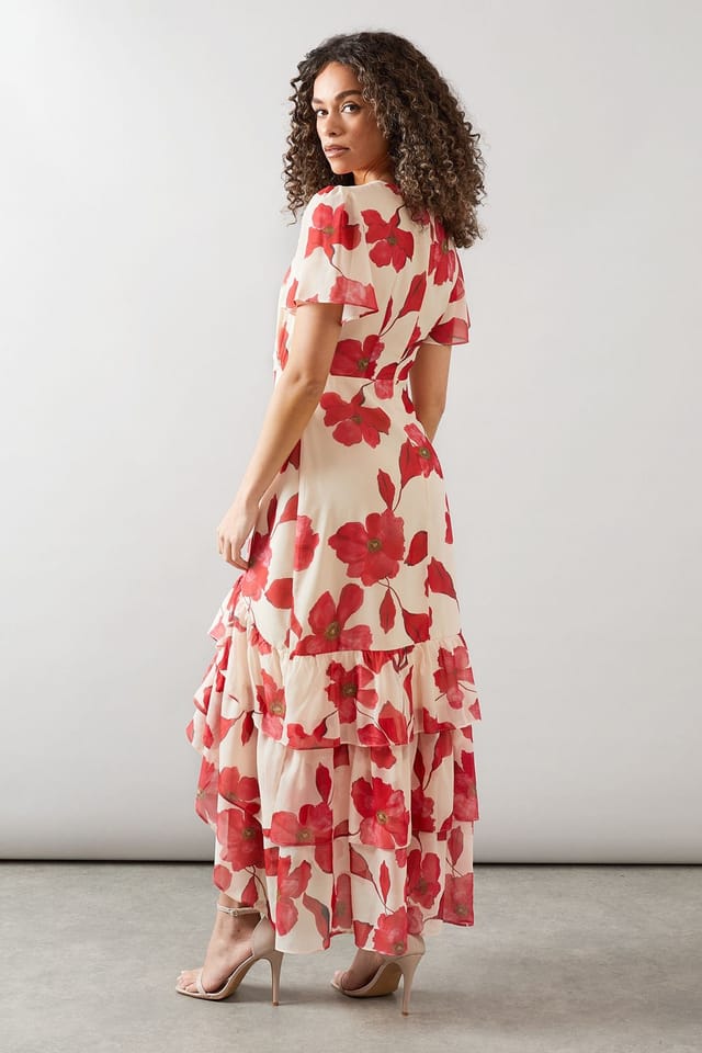 Wallis Wallis Women's Floral Frill Hem Chiffon Maxi Dress in Red - 3