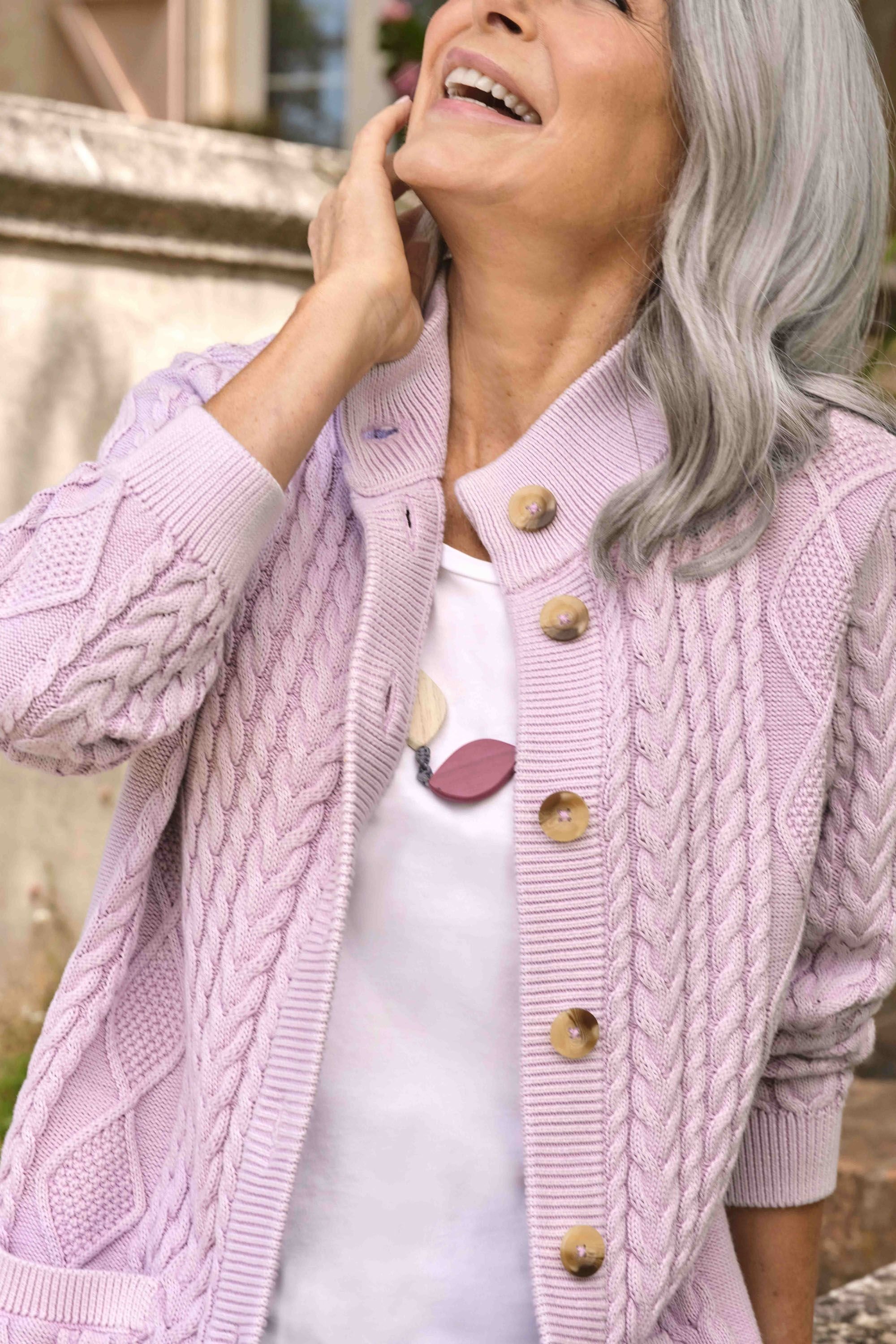 WoolOvers WoolOvers Women's Cable Cotton Button Neck Cardigan in Lilac - 2