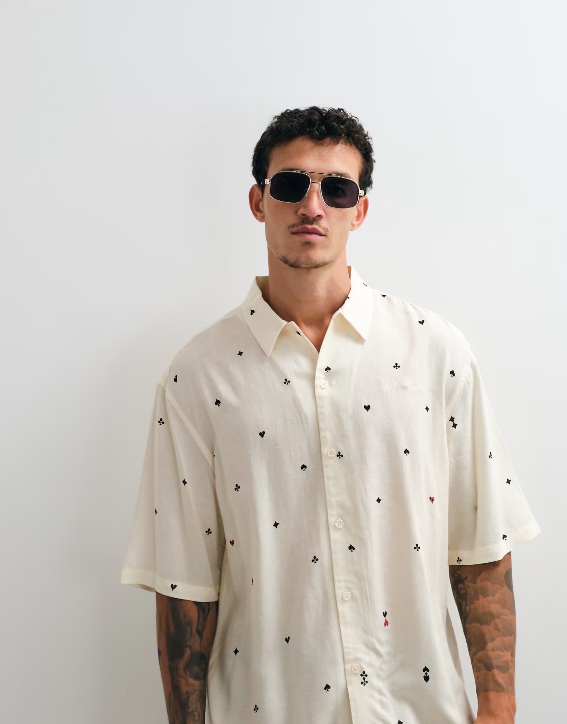 ASOS AllSaints Cardsuit short sleeve printed shirt in ecru