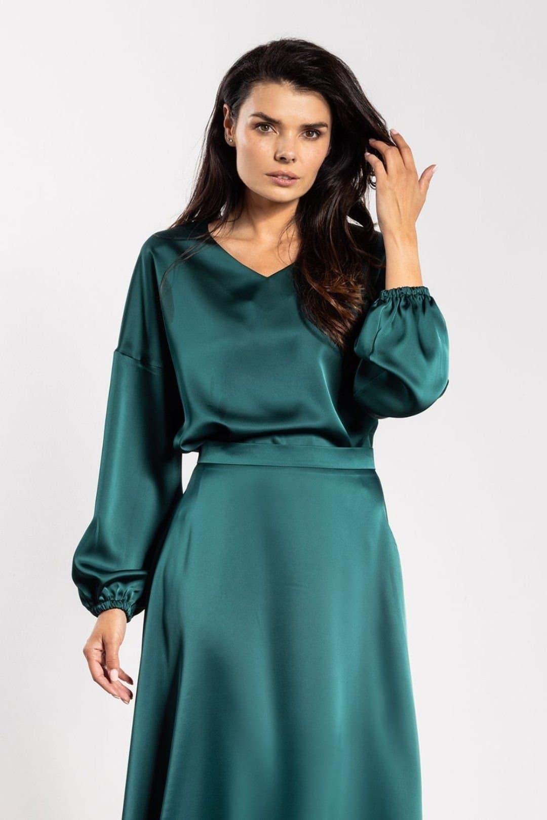 Love Lace Love Lace Women's Satin V Neck Loose Fit Blouse with Ruching in Green