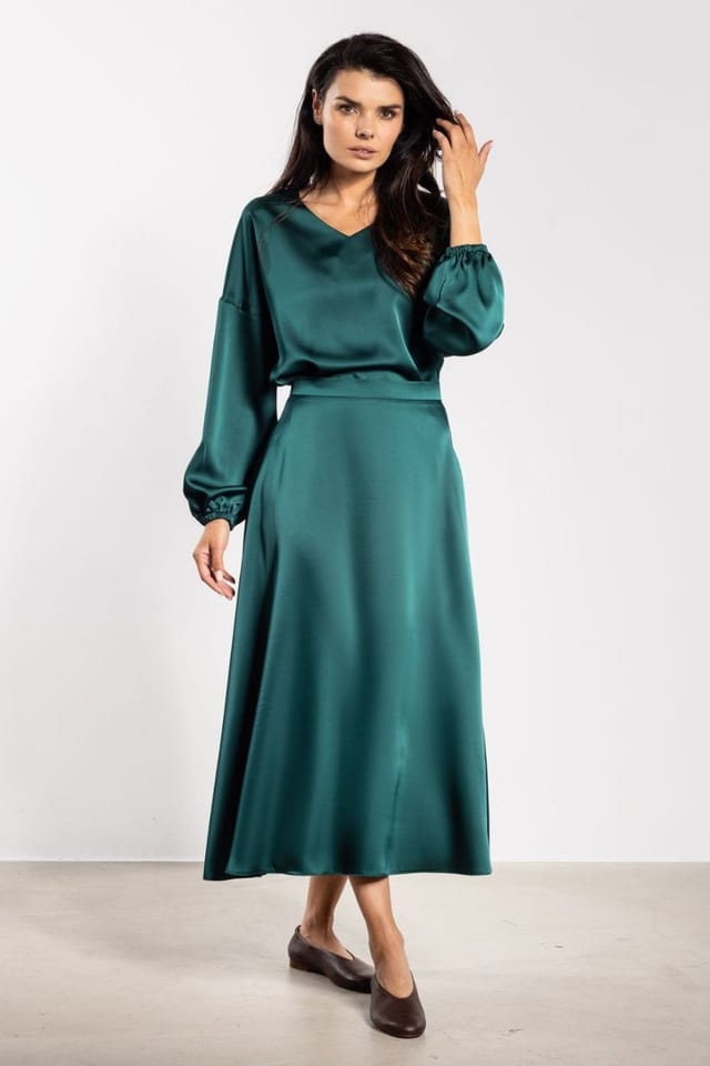 Love Lace Love Lace Women's Satin V Neck Loose Fit Blouse with Ruching in Green - 2