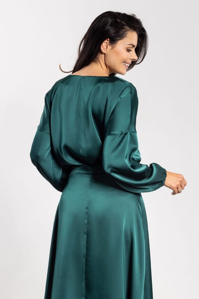 Love Lace Love Lace Women's Satin V Neck Loose Fit Blouse with Ruching in Green - 3
