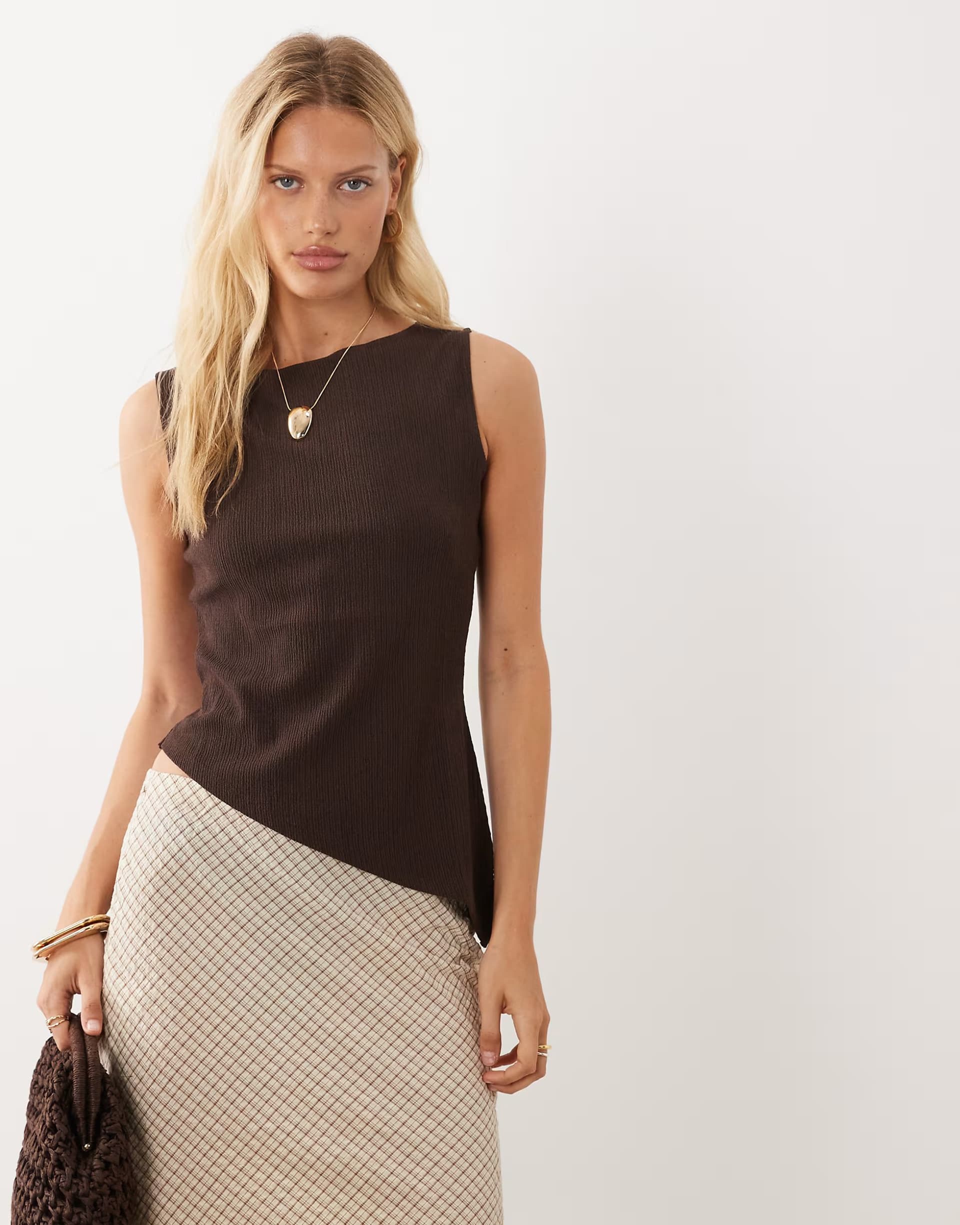 ASOS ASOS Crinkle Asymmetric Tank Top In Dark Brown