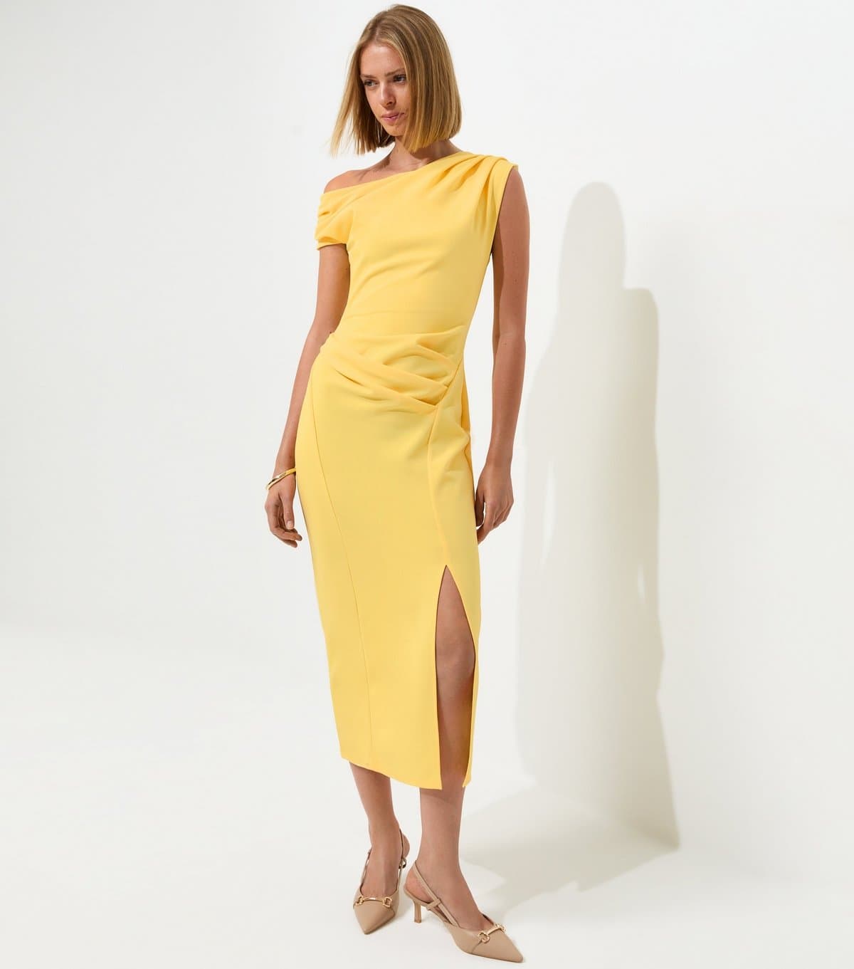 New Look Women's Light Yellow Fallen Shoulder Slit Detail Midi Dress New Look