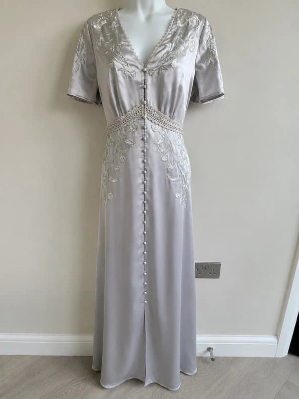 Monsoon * NEW * (no tags) Monsoon Mia Satin Embroidered Maxi Dress Sillver- RRP £150 - UK 14