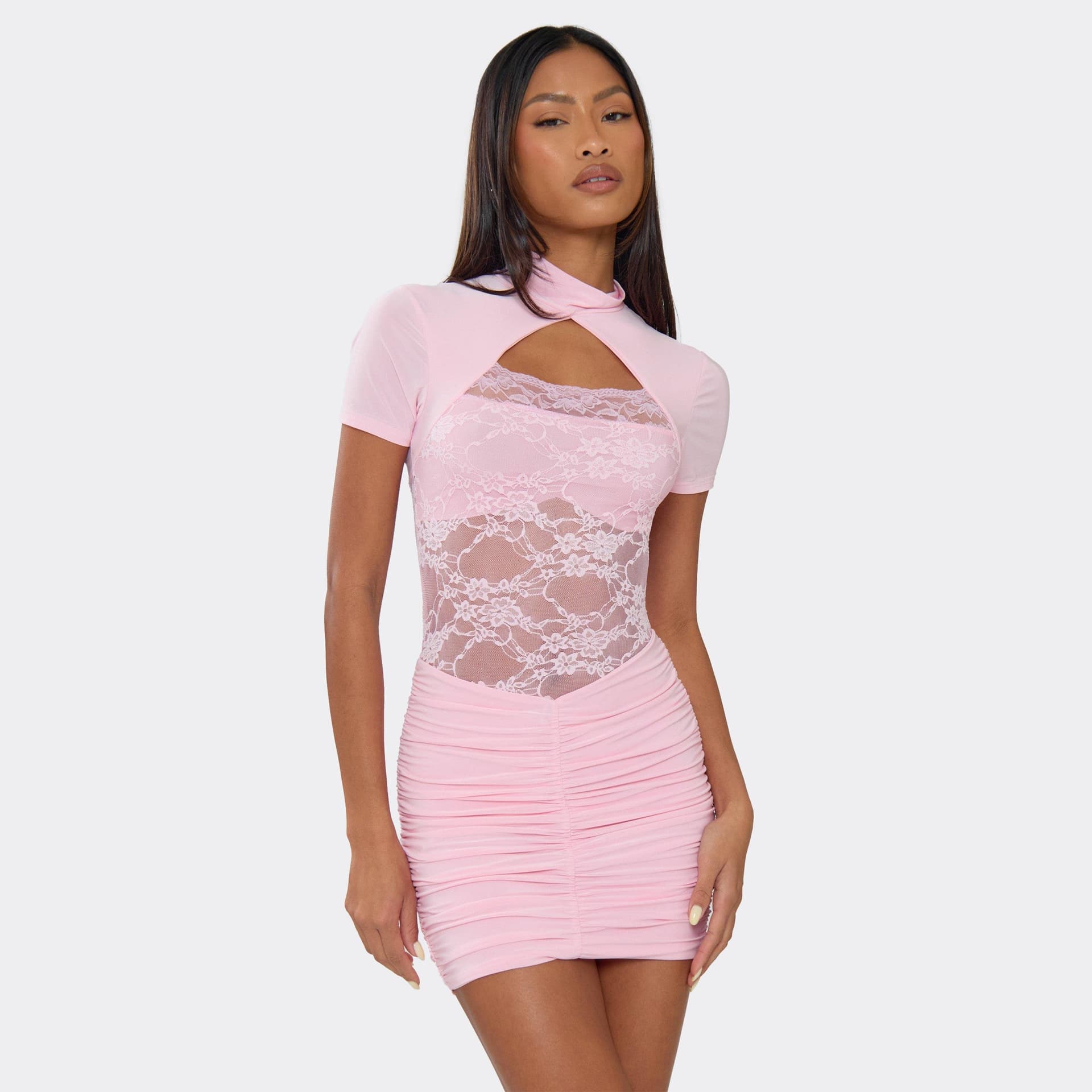 EGO Short Sleeve High Neck Lace Cut Out Ruched Mini Dress In Baby Pink, Women's Size UK 6