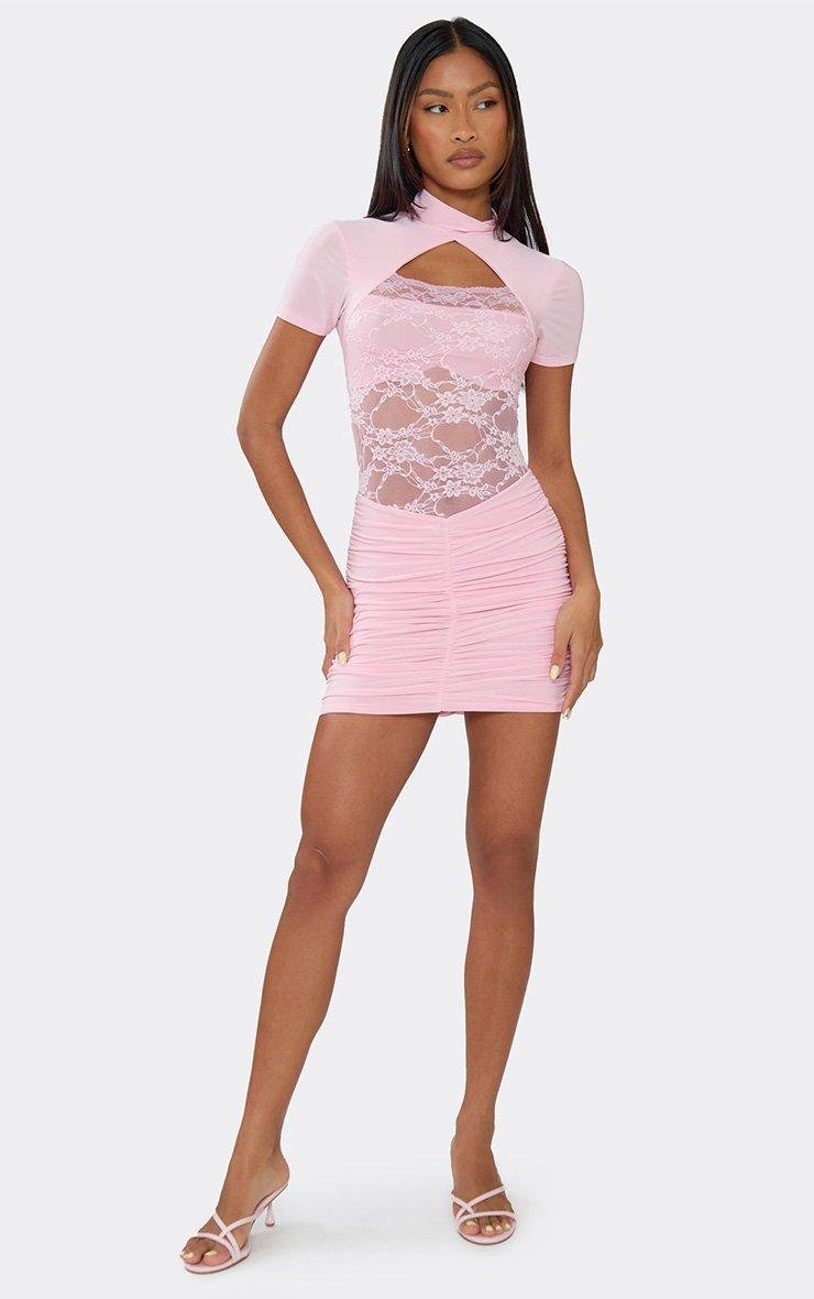EGO Short Sleeve High Neck Lace Cut Out Ruched Mini Dress In Baby Pink, Women's Size UK 6 - 2