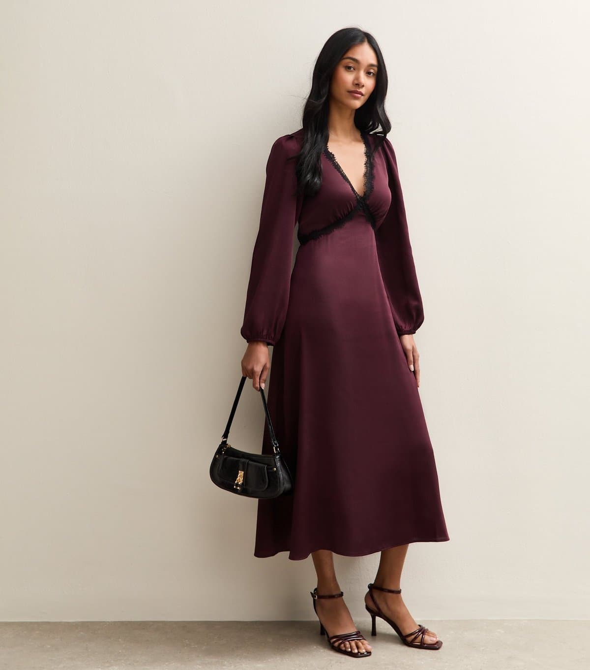 New Look Women's Dark Purple Satin Lace Trim Midi Dress New Look