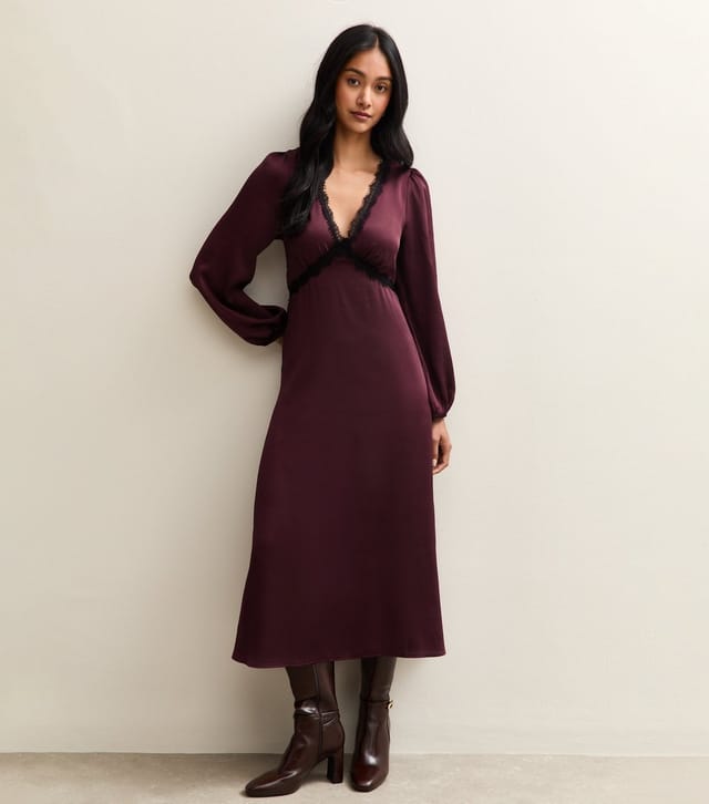 New Look Women's Dark Purple Satin Lace Trim Midi Dress New Look - 3