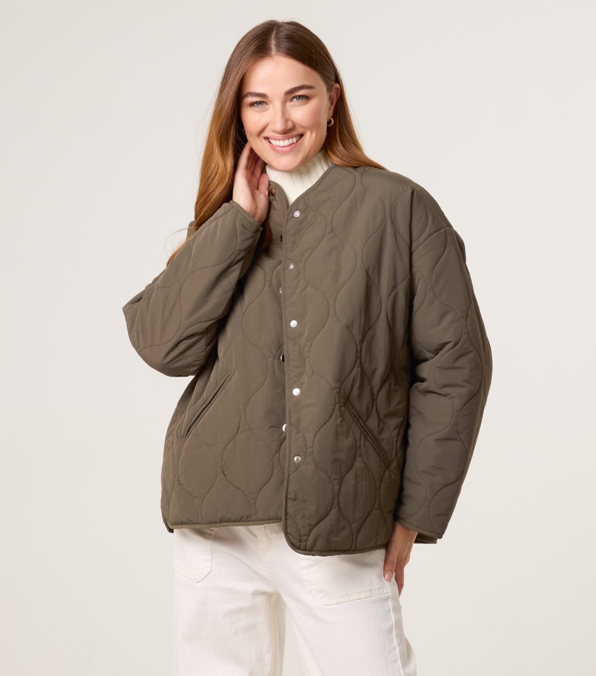 Blue Vanilla Women's Dark Khaki Quilted Buttoned Pocket Jacket Blue Vanilla New Look