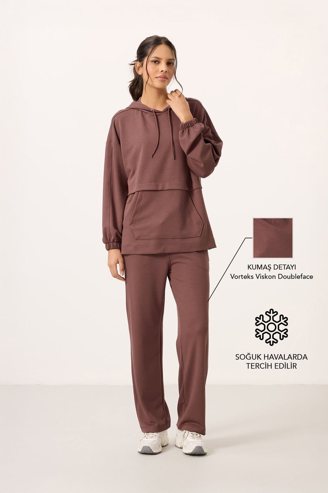 Tommy Life Tommy Life Women's Oversized Hooded Sweatshirt & Wide-Leg Pants Set in Brown