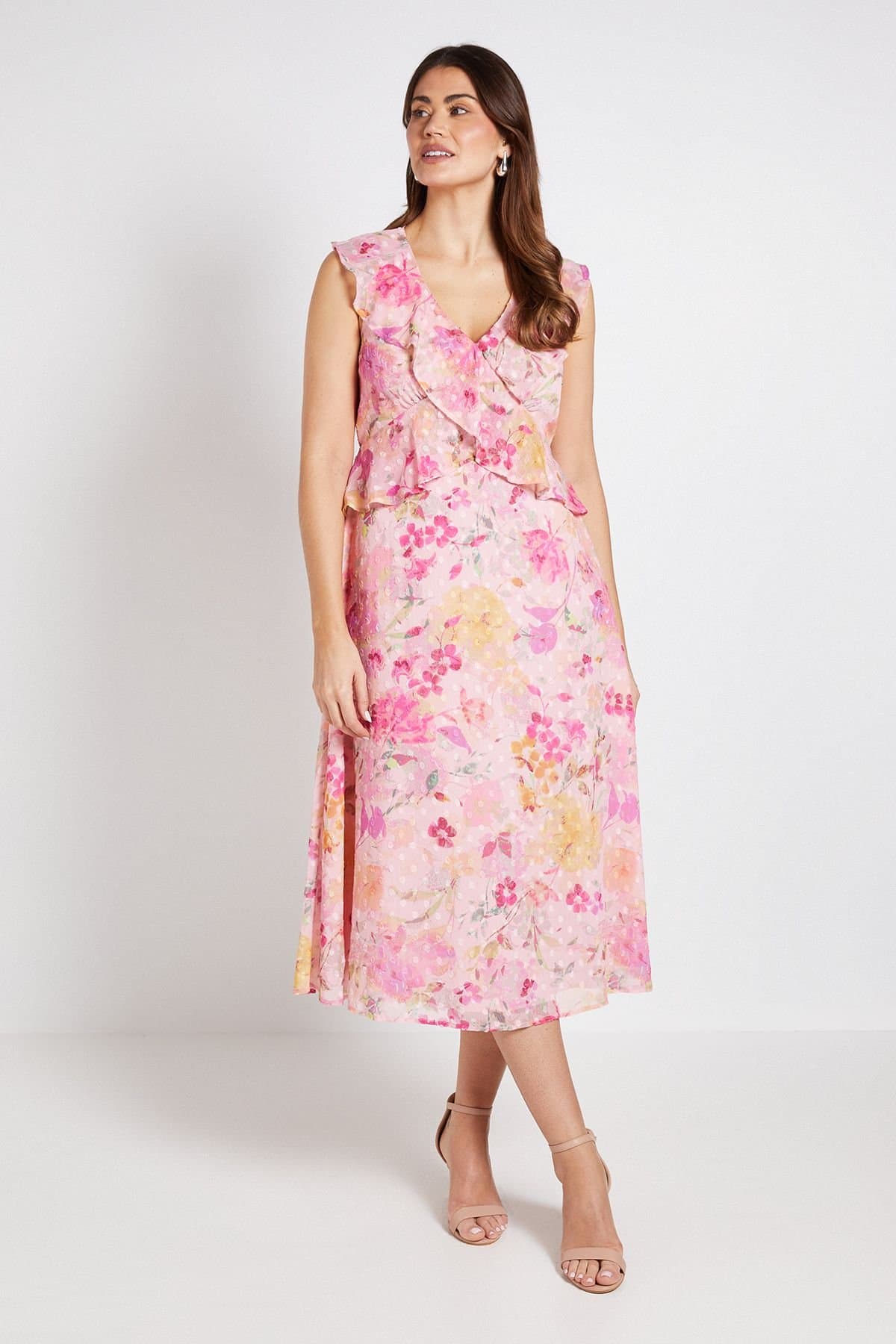 Wallis Wallis Women's Floral Dobby Ruffle Midi Dress in Yellow
