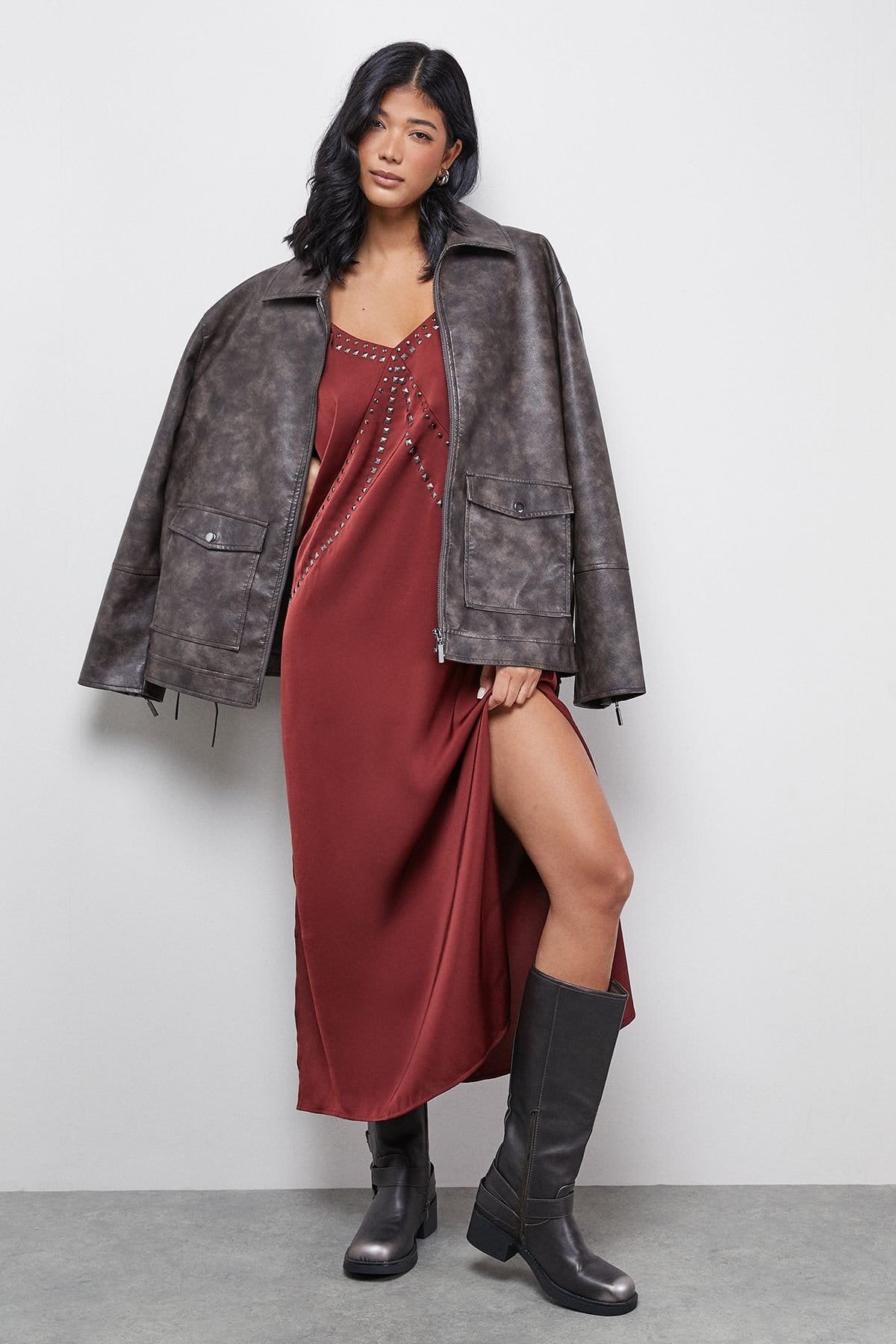 Warehouse Burgundy Stud Embellished Strappy Cami Slip Dress