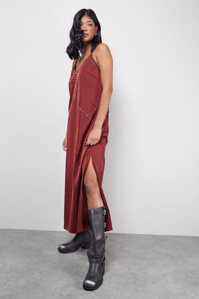 Warehouse Warehouse Women's Premium Stud Embellished Strappy Cami Slip Dress in Burgundy - 2