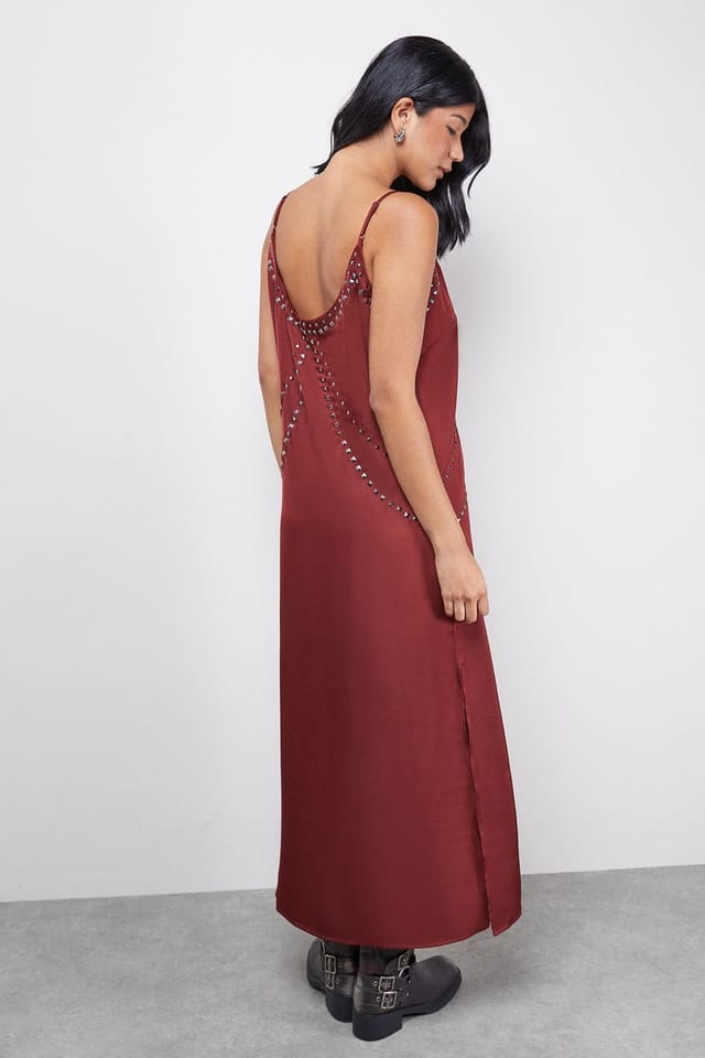 Warehouse Warehouse Women's Premium Stud Embellished Strappy Cami Slip Dress in Burgundy - 3