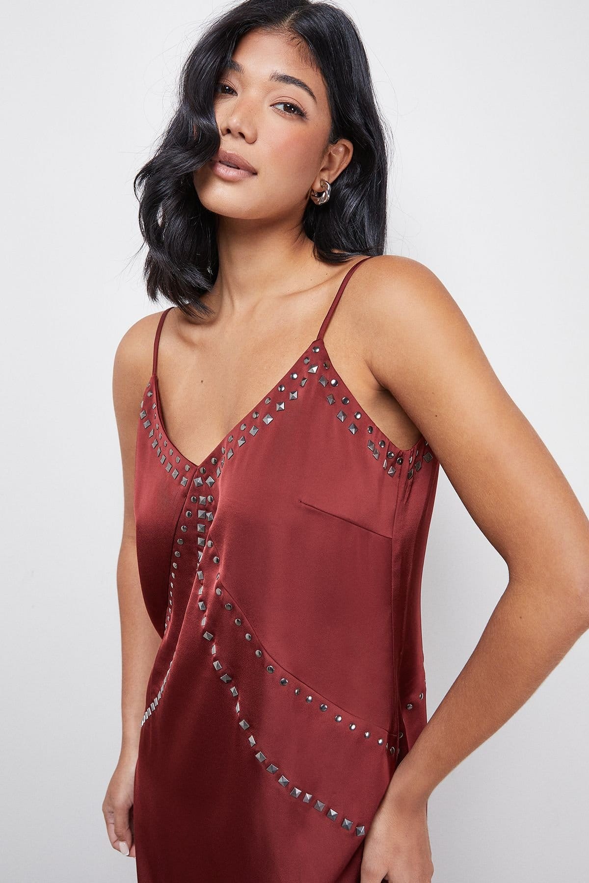 Warehouse Warehouse Women's Premium Stud Embellished Strappy Cami Slip Dress in Burgundy - 4