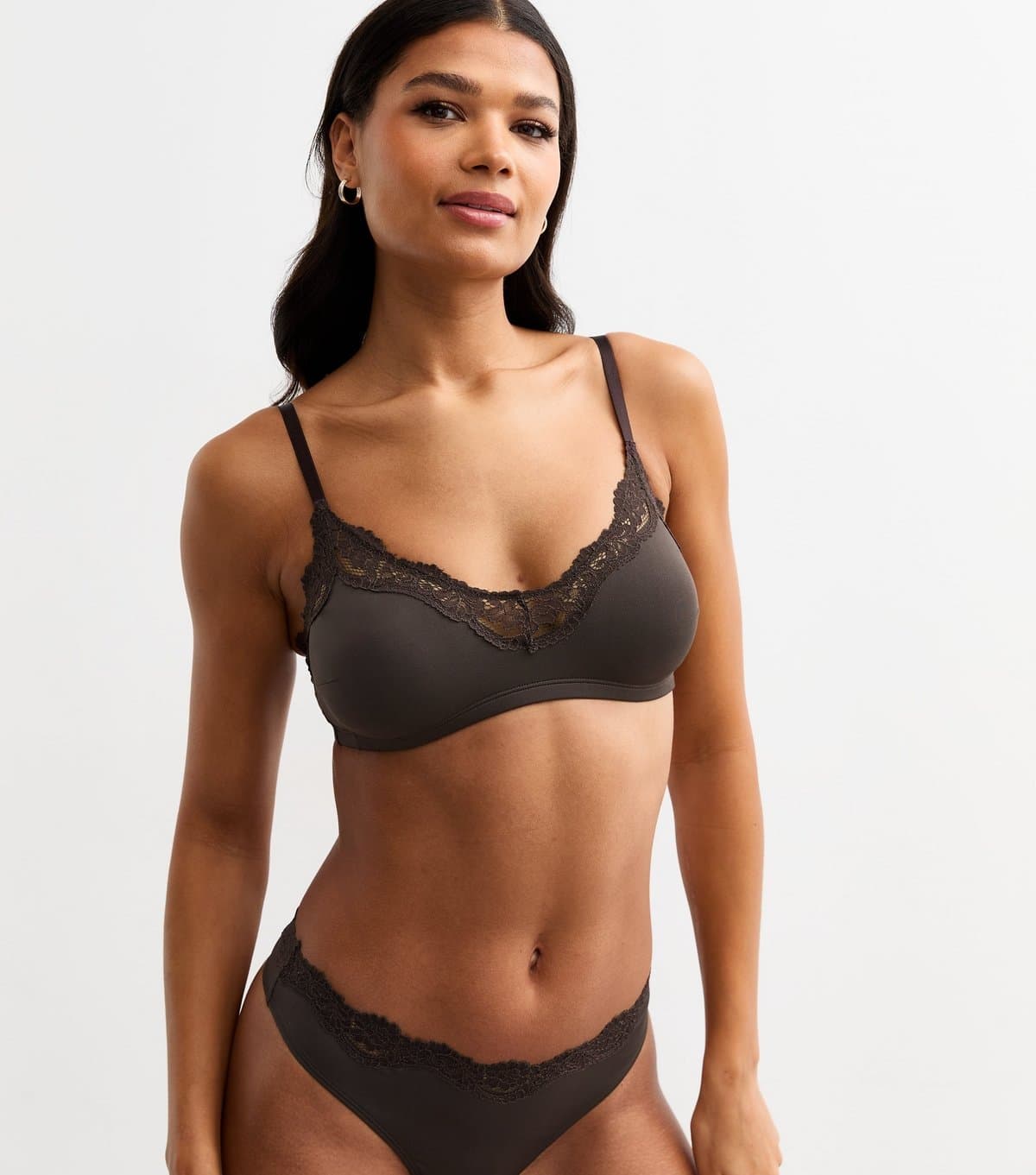 New Look Women's Dark Brown Lace Trim Bralette New Look