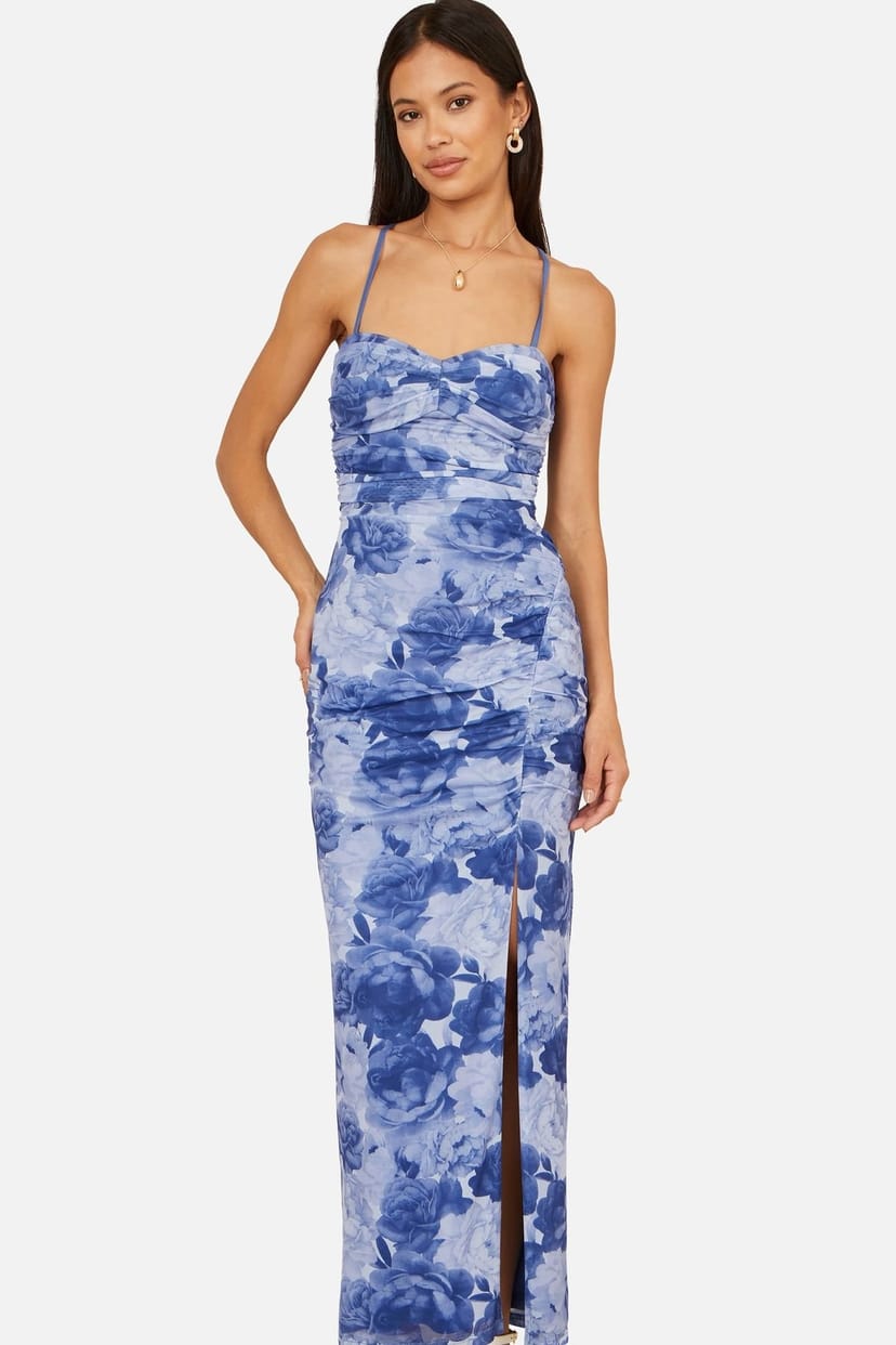 Yumi Yumi Women's Blue Mesh Ruched Dress With Front Split in Mid Blue - 1