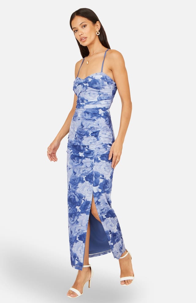 Yumi Yumi Women's Blue Mesh Ruched Dress With Front Split in Mid Blue - 2