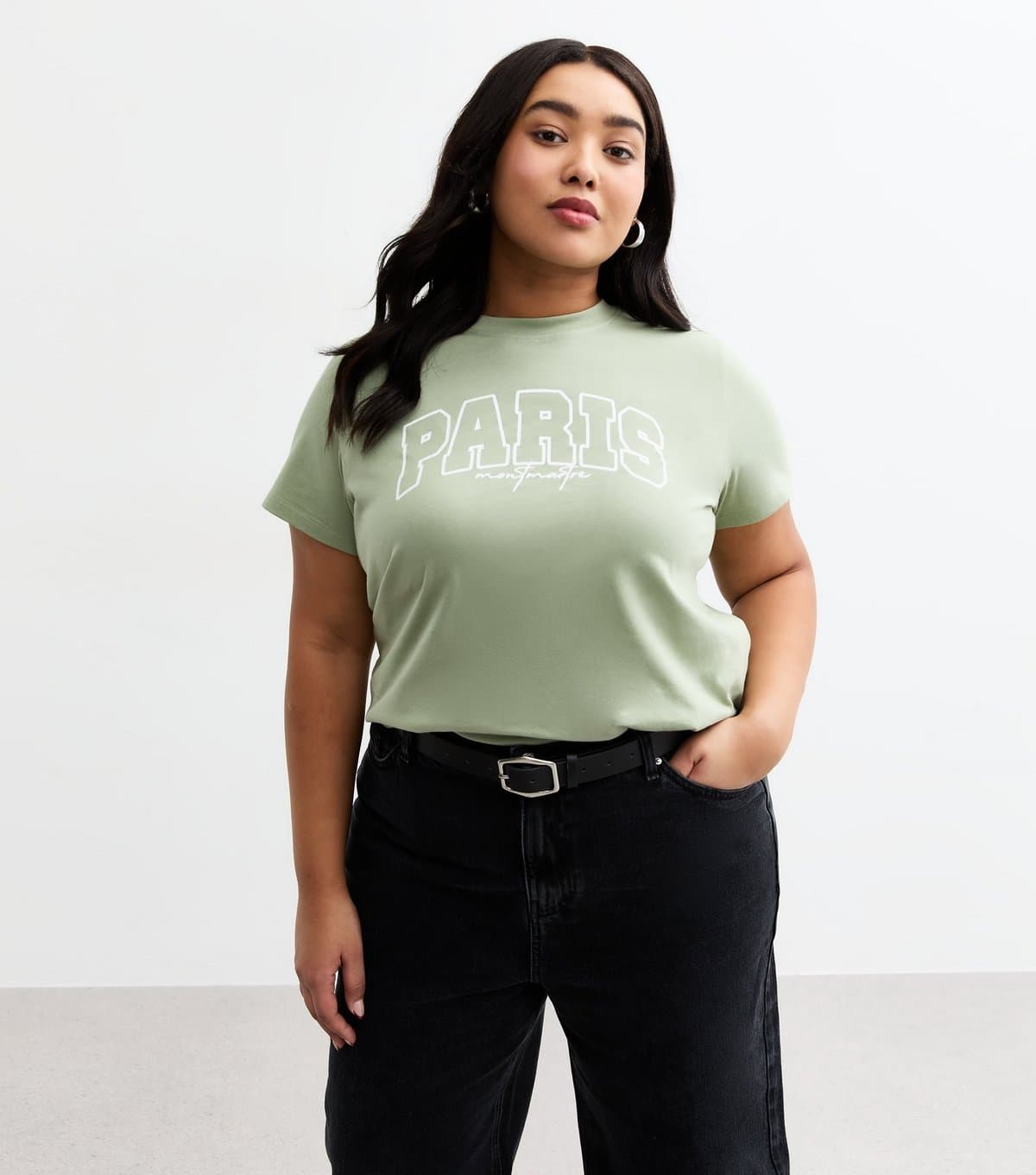 New Look Women's Plus Size Khaki Green Paris Printed T-Shirt Curves New Look