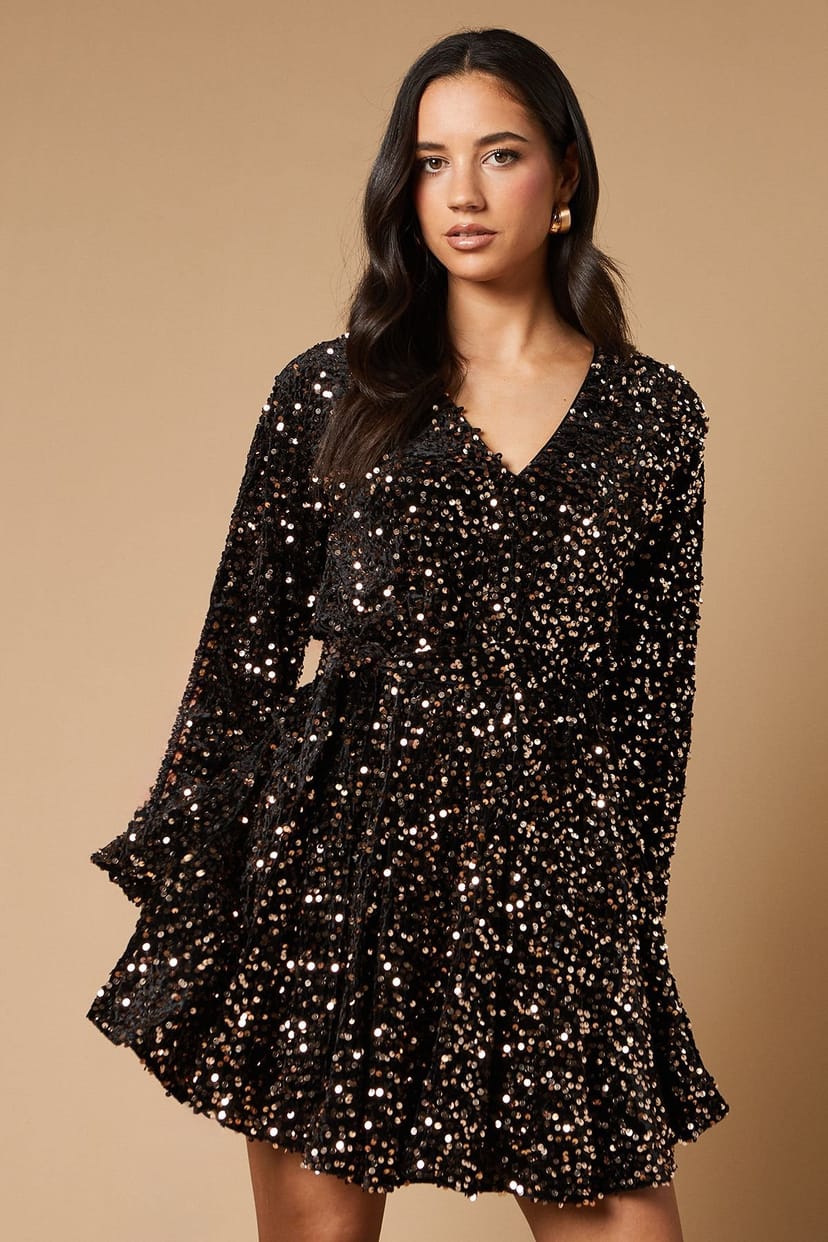 Oasis Oasis Women's Sequin Long Sleeve Button Detail Mini Dress in Gold - 1