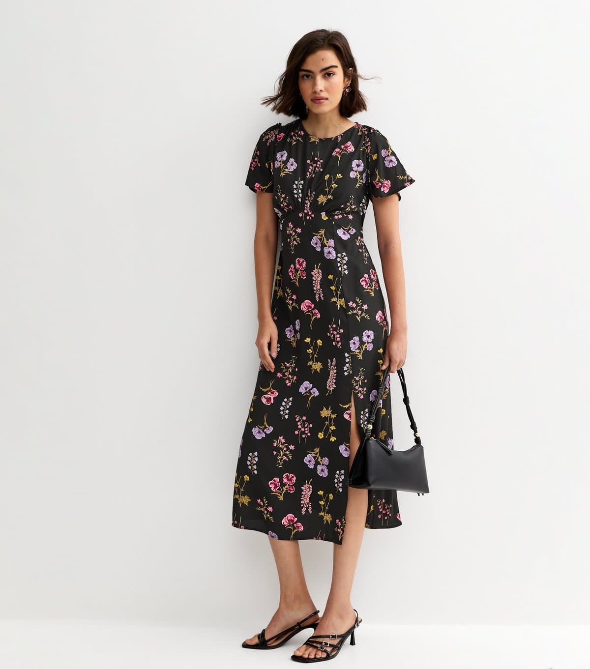 New Look Women's Black Floral Flutter Sleeve Midi Dress New Look