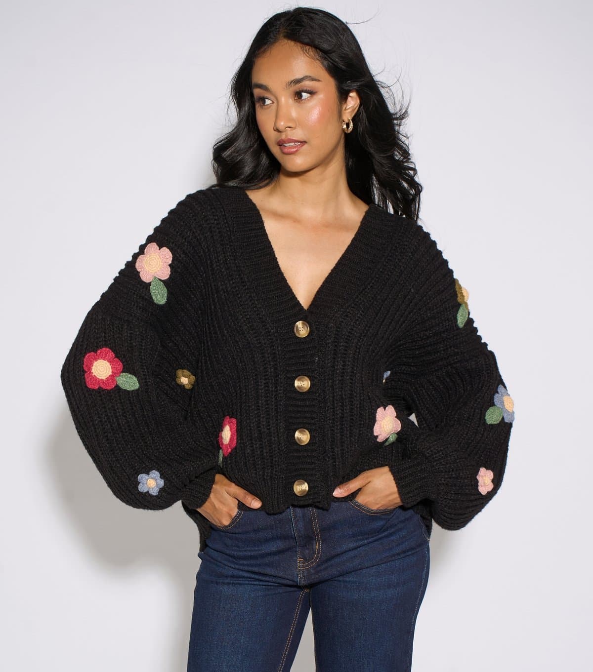Gini London Women's Black Chunky Knit Floral Embroidered Cardigan Gini London New Look