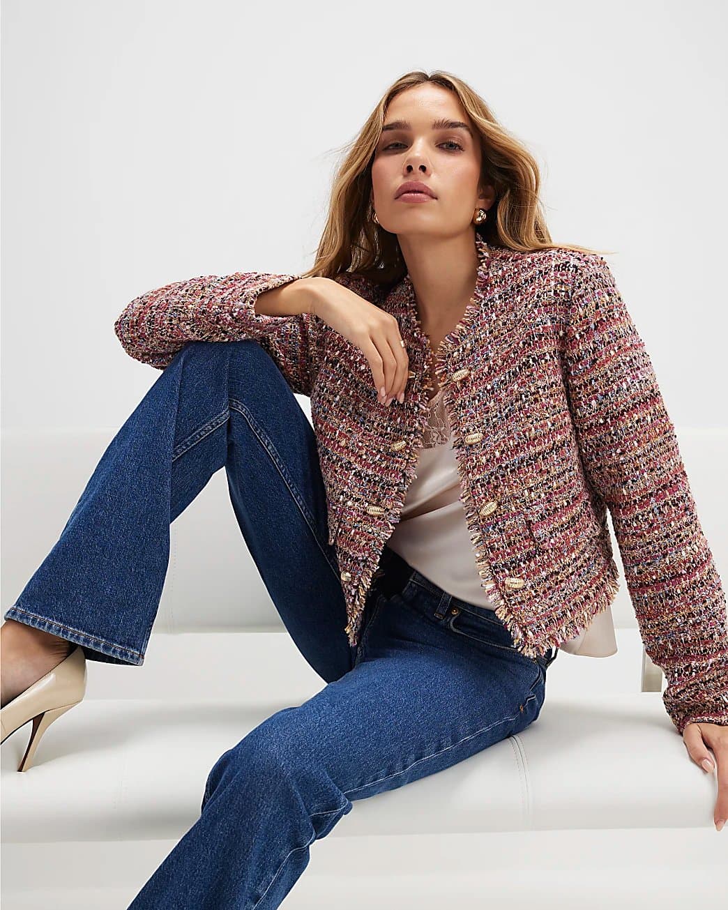 River Island River Island Womens Red Boucle Edge To Edge Jacket