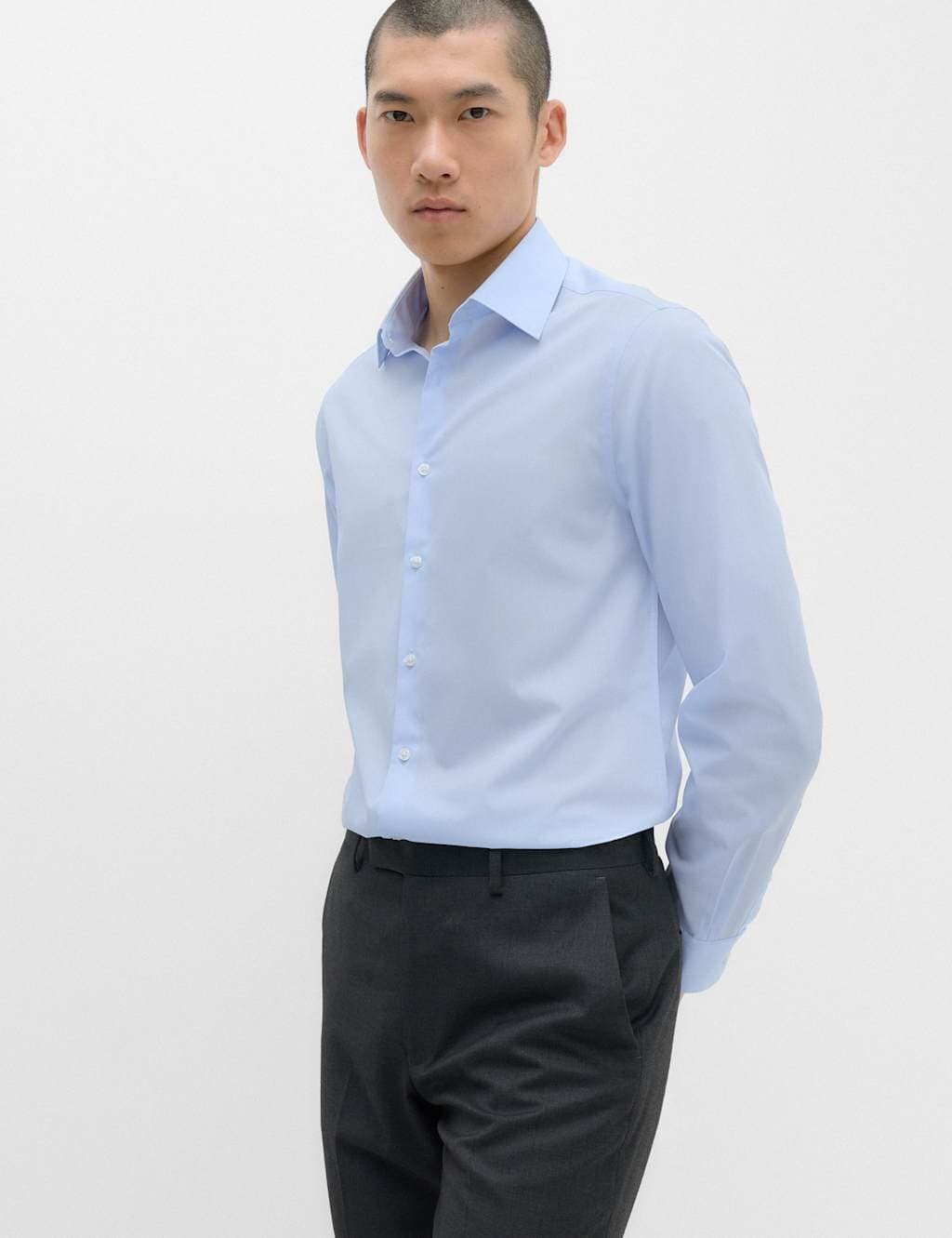 Marks & Spencer M&S Extra Slim Fit Easy Iron Cotton Blend Shirt Light Blue