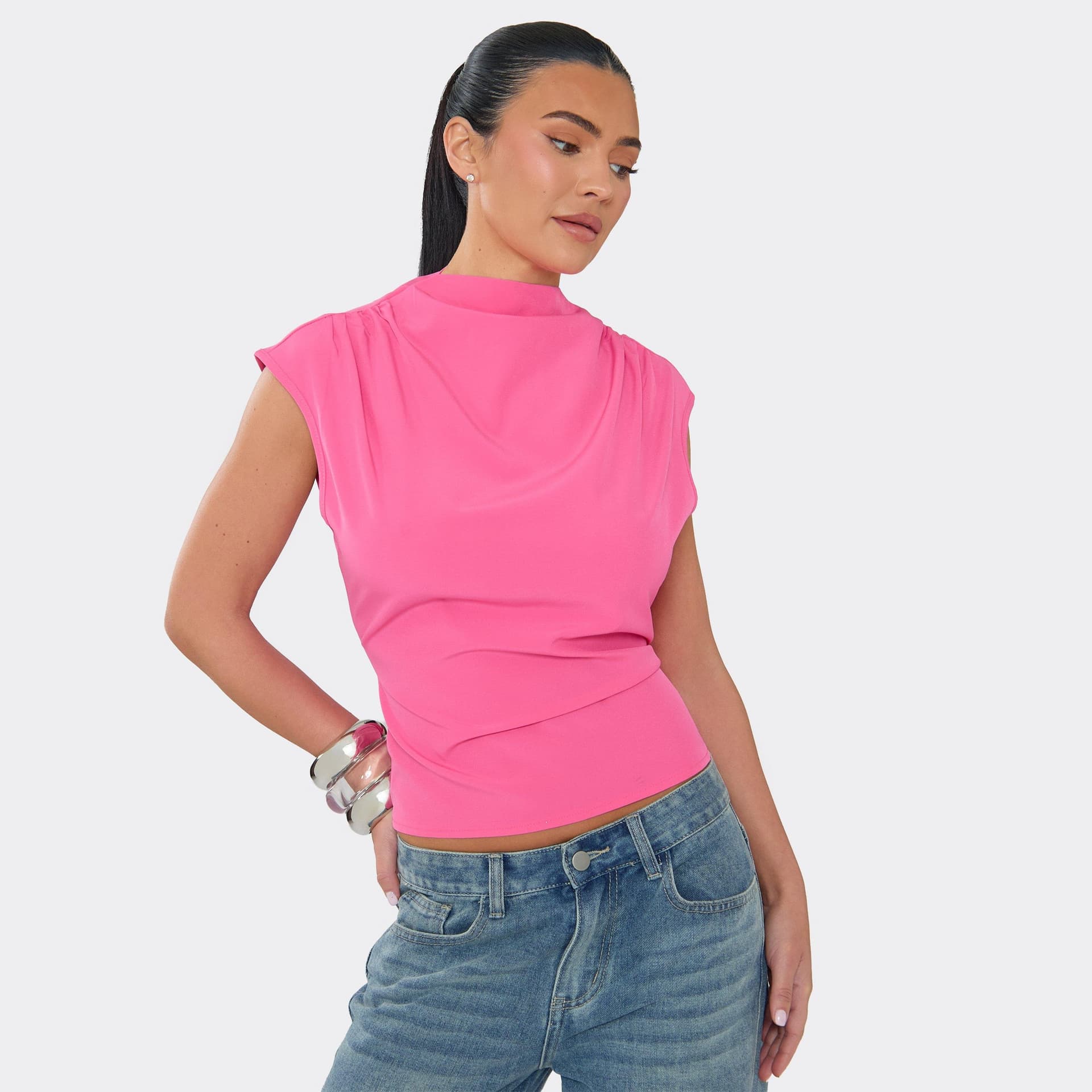 EGO EGO Pink Jersey Ruched High Neck Top