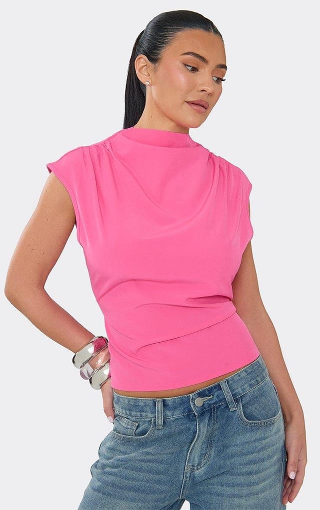 EGO High Neck Ruched Cinched Waist Top In Pink., Women's Size UK 12 - 2