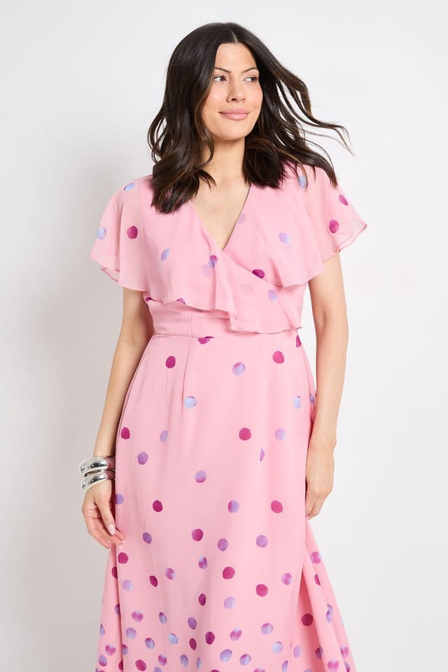 Wallis Wallis Women's Polka Dot Border Cape Sleeve Midi Dress in Pink - 2