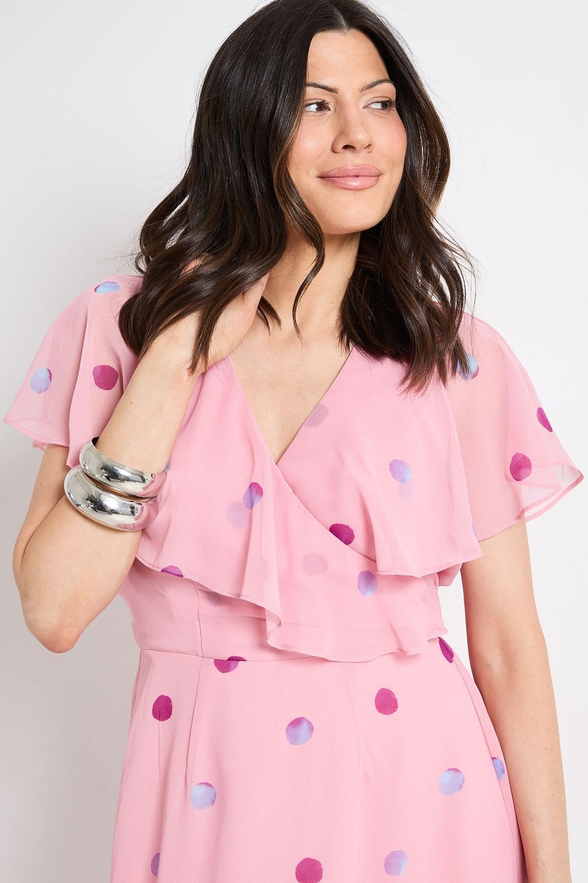 Wallis Wallis Women's Polka Dot Border Cape Sleeve Midi Dress in Pink - 4