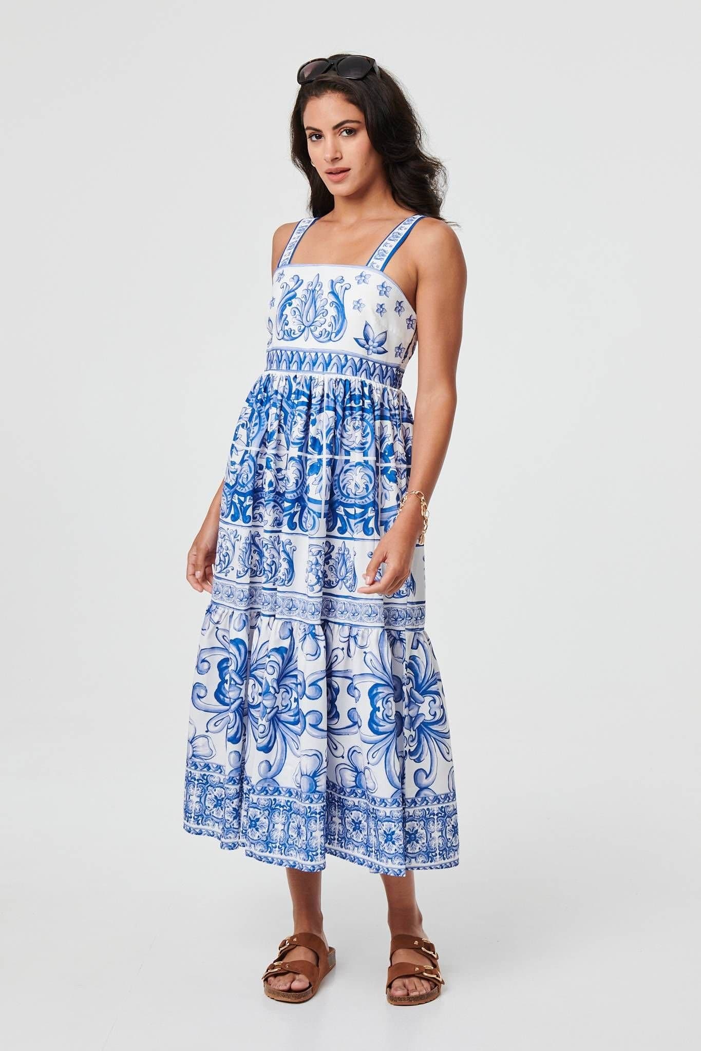 Izabel London Izabel London Women's Mosaic Print Wide Strap Midi Sun Dress in Blue