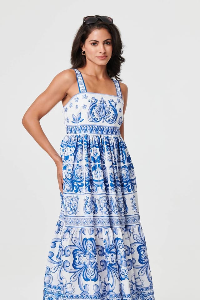 Izabel London Izabel London Women's Mosaic Print Wide Strap Midi Sun Dress in Blue - 2