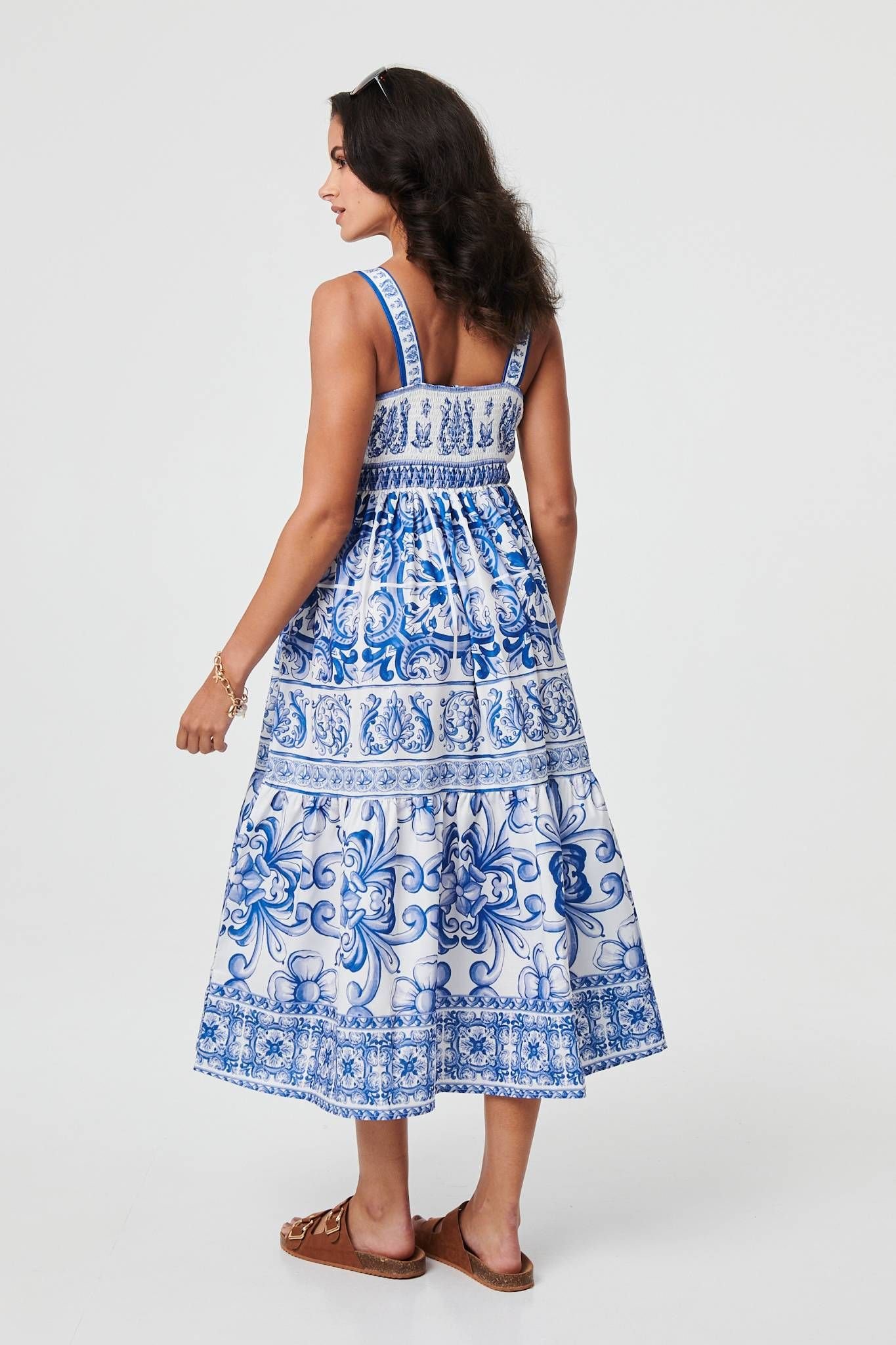 Izabel London Izabel London Women's Mosaic Print Wide Strap Midi Sun Dress in Blue - 3