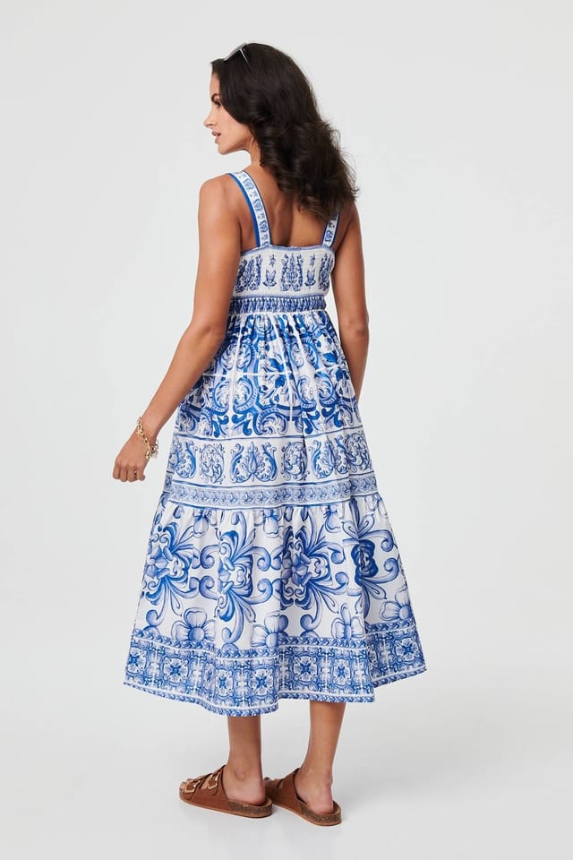 Izabel London Izabel London Women's Mosaic Print Wide Strap Midi Sun Dress in Blue - 3