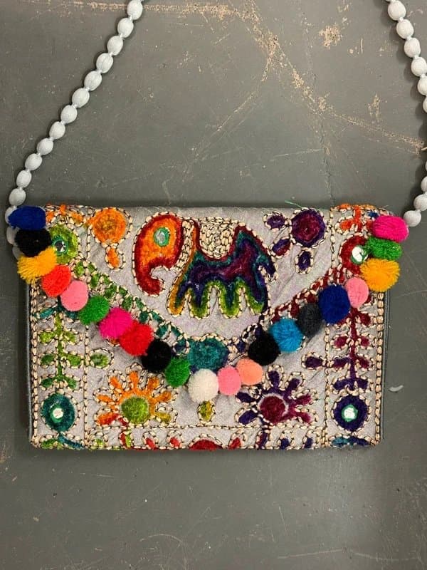Vintage Pom Pom beaded silver silk bag