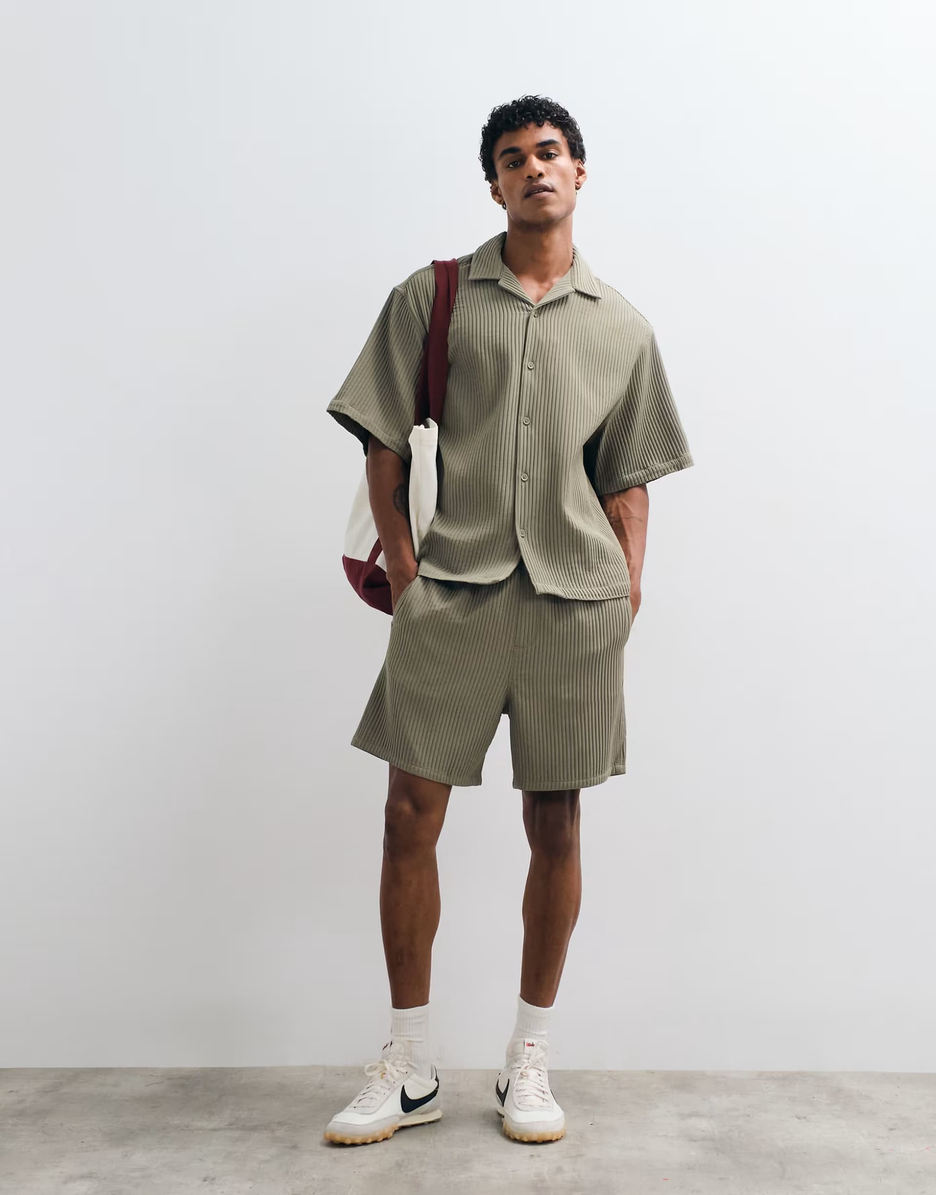 ASOS ASOS DESIGN co-ord oversized revere plisse shirt in khaki