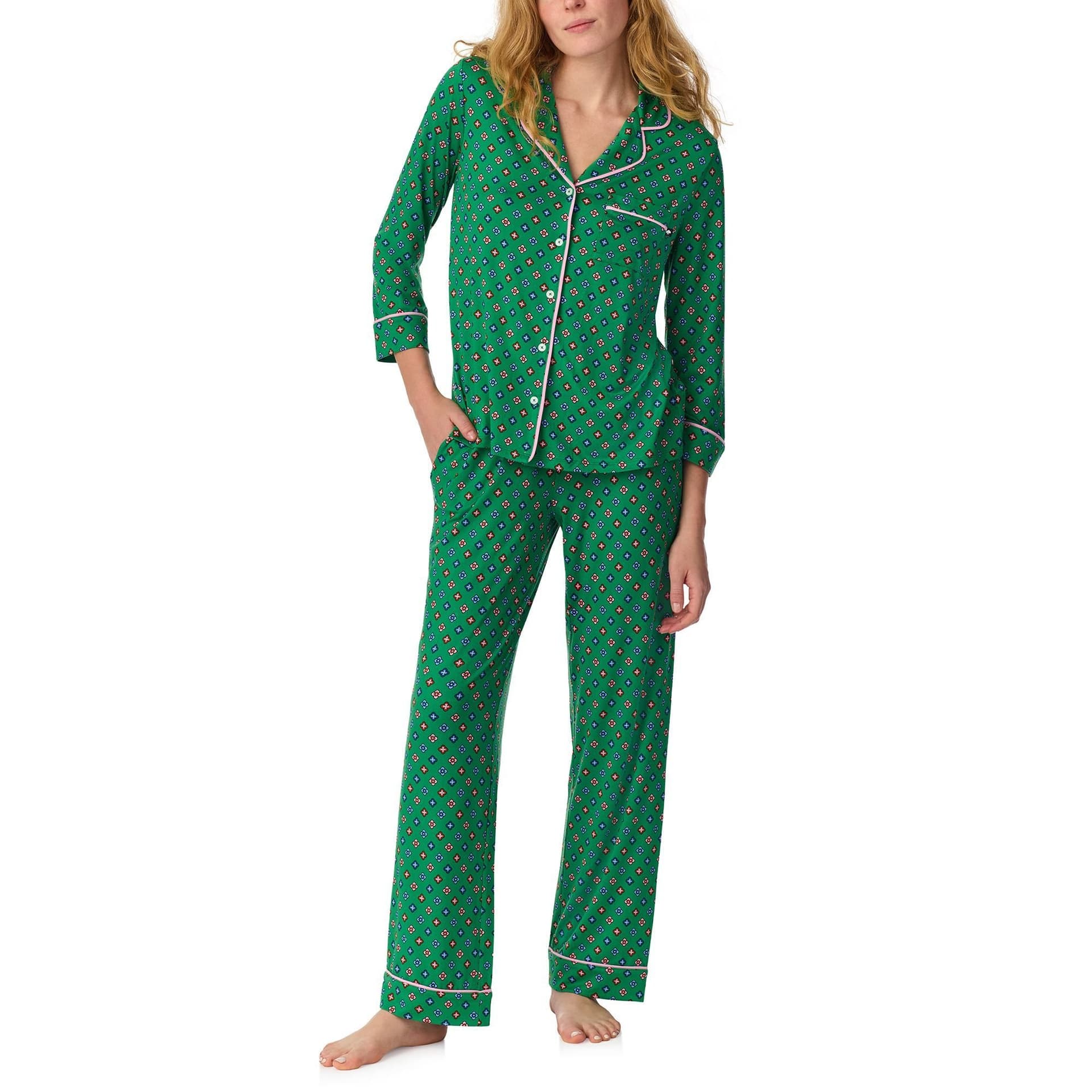 kate spade new york Kate Spade New York Women's 3/4 Sleeve Long PjJ Set in Brushed Jersy with Floral Green Pattern