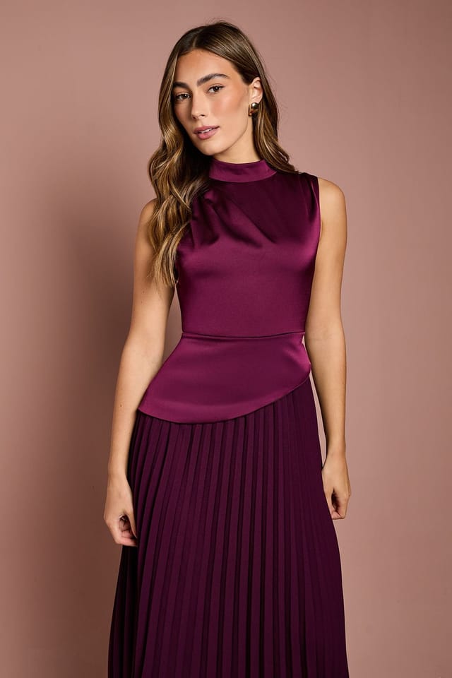 Coast Coast Women's Drape High Neck Pleated Skirt Midi Dress in Fig - 2