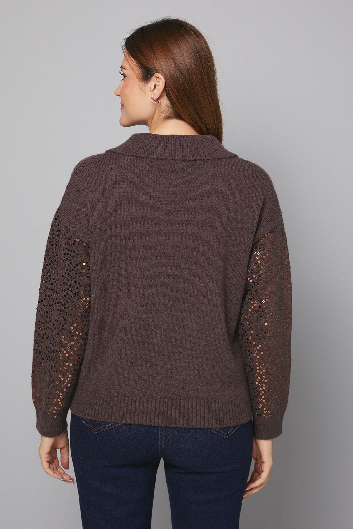 Wallis Wallis Women's Collared Sequin Knitted Jumper in Brown - 3