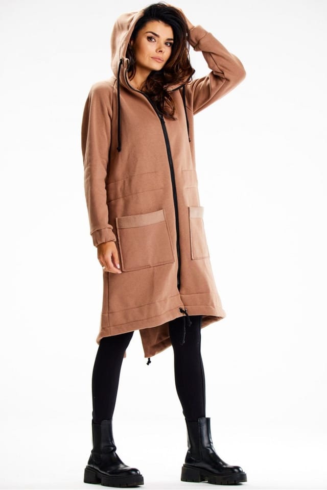 Love Lace Love Lace Women's Long Cotton Hoodie with Hood Pockets in Brown - 2