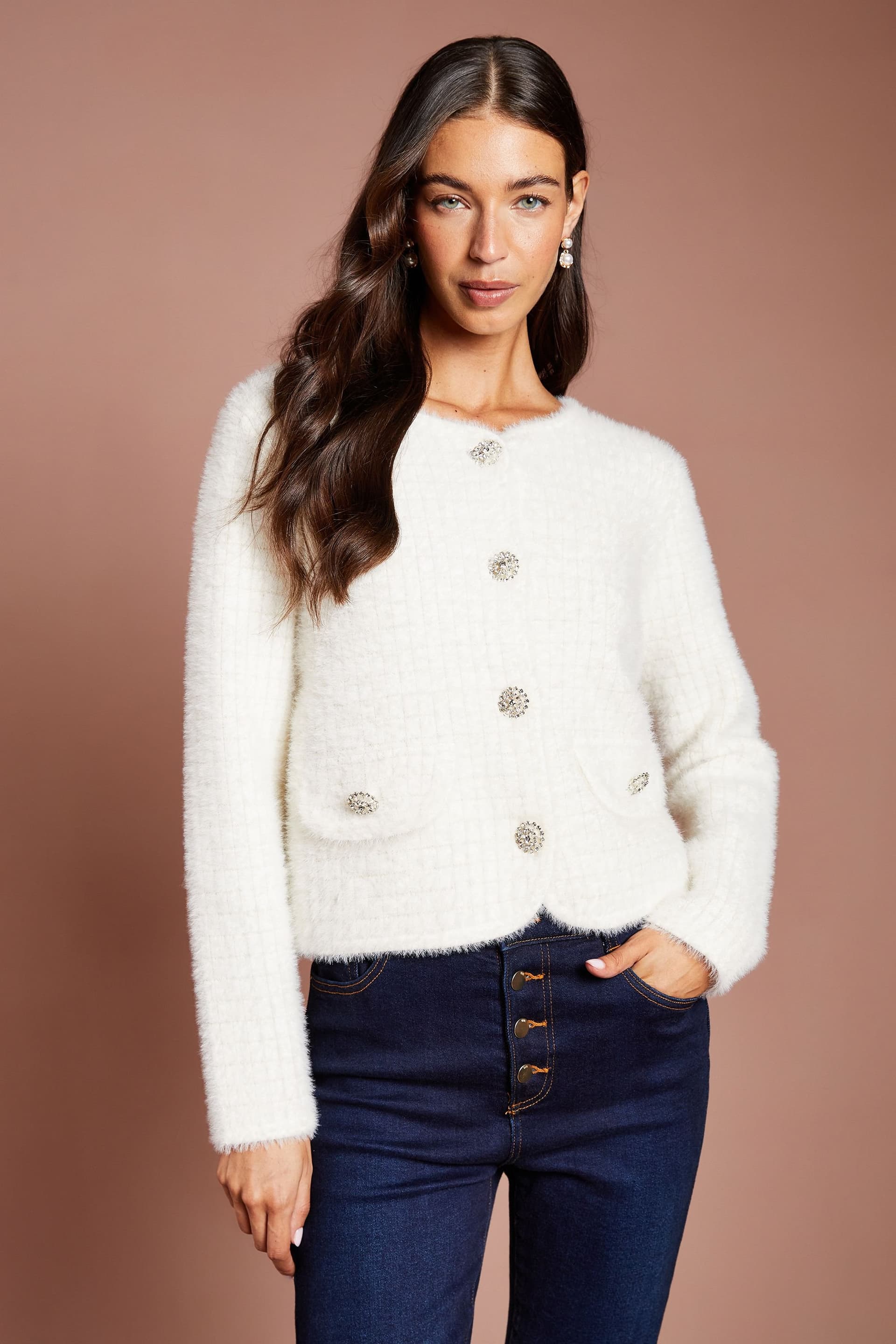 Coast Coast Women's Pocket Detail Diamante Button Knitted Cardigan in Cream